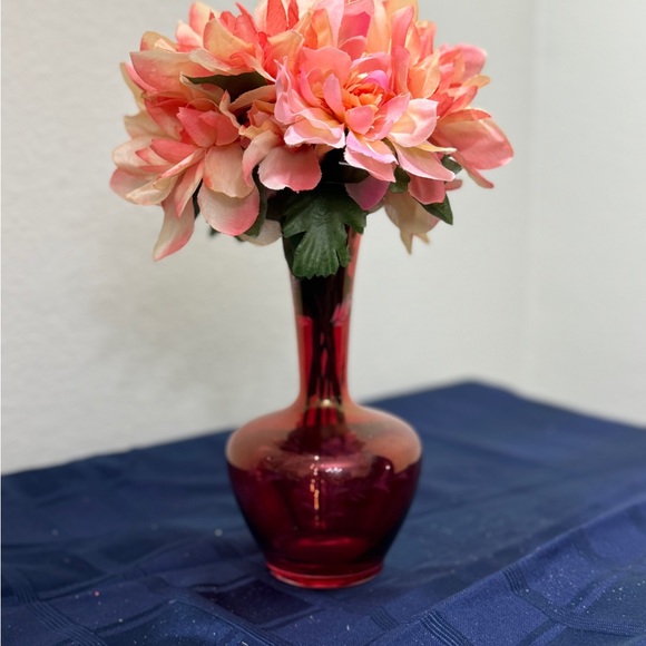 Cranberry vase with peach colored dahlias. - Picture 2 of 5